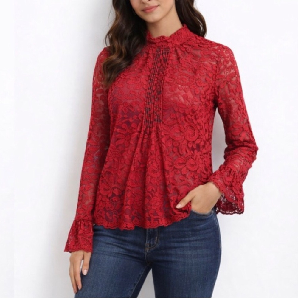 J.Crew Intense Red Stretch Lace Long-Sleeve Top Blouse 16
